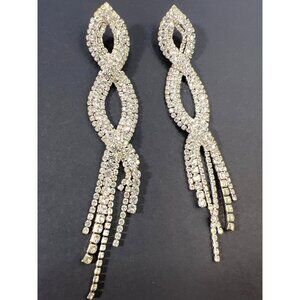 Rhinestone Tassel Dangle Pierced Earrings  Silver-tone 5.5" Long Twist Party